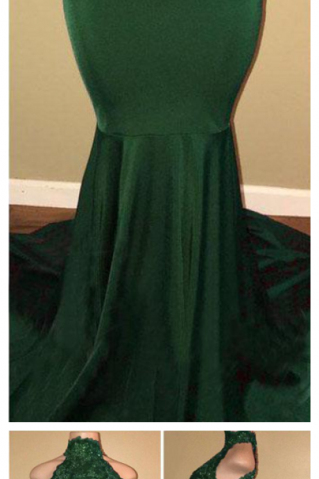 Green High Neck Sleeveless Mermaid Long Prom Dress With Appliques, Sexy Party Dress
