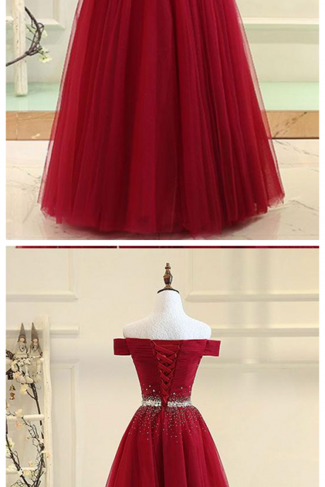 Off The Shoulder Tulle Long Prom Dress With Rhinestones, Burgundy Formal Dress