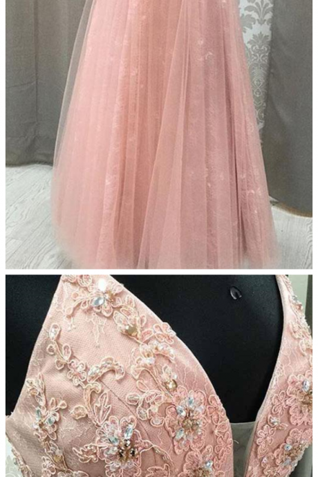 Blush V Neck Prom Dress With Rhinestone, Long Prom Dresses With Appliques