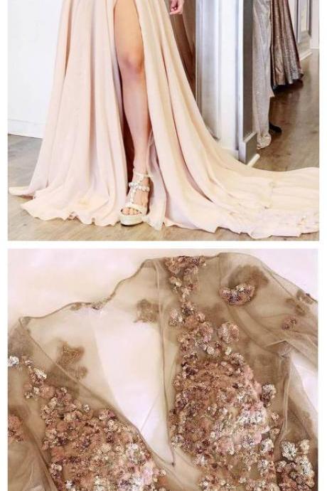 Long Sleeve See Through V Neck Prom Dresses, Elegant Split Evening Dresses