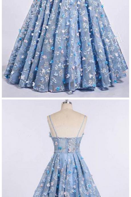 Blue Lace Spaghetti Strap 3d Flowers Applique Prom Dress, Ball Gowns
