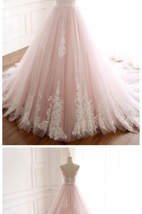 Pink Straps Tulle Prom Dress With Lace Appliques, A Line Formal Dresses
