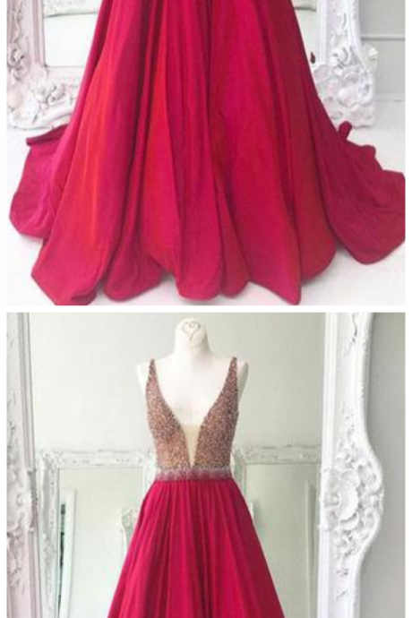 Sparkly Deep V Neck Fuchsia Long Prom Dress With Beading, A Line Sleeveless Party Dress