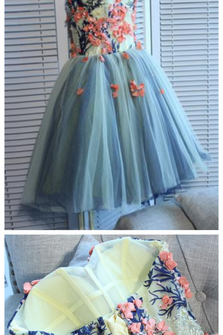 Unique Sweetheart Tulle Mini Homecoming Dress With Flowers,a Line Short Prom Gown