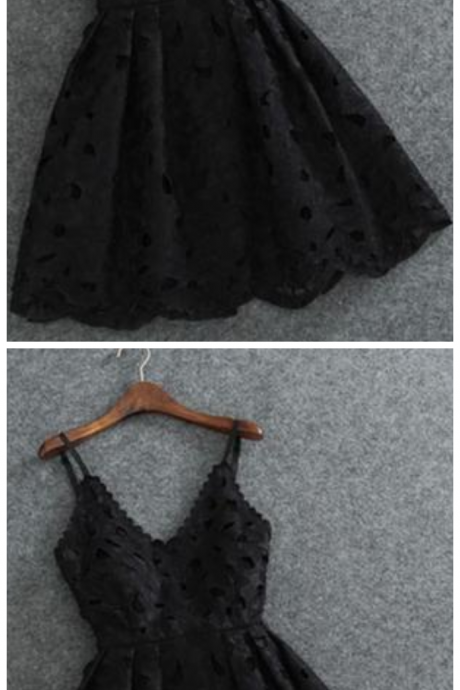 Cute Spaghetti Straps V Neck Black Lace Short Homecoming Dress,mini Cocktail Dress