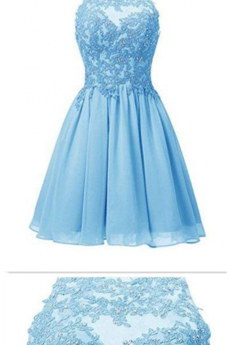 Sky Blue Jewel Sleeveless Chiffon Homecoming Dress With Beads,applique Backless Prom Dress