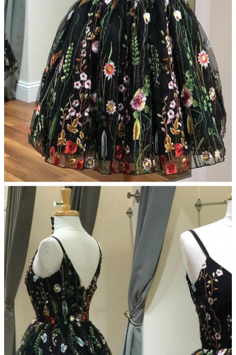 Black Embroidery Floral V Neck Short Homecoming Dress,short Prom Dress