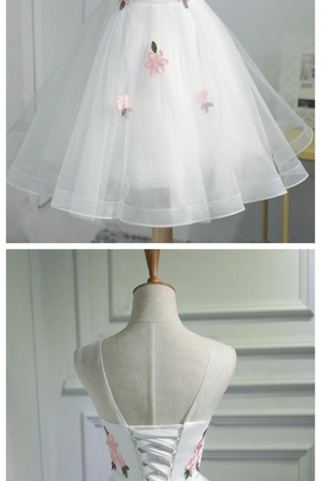A Line Tulle Graduation Dress With Pink Appliques,short Sleeveless Prom Dress