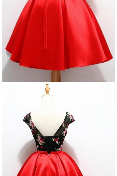 Black And Red Satin Homecoming Party Dresses With Applique, A Line Short Prom Dress