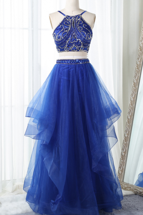 Two Piece Halter Backless Royal Blue Tulle Long Prom/evening Dress With Beading