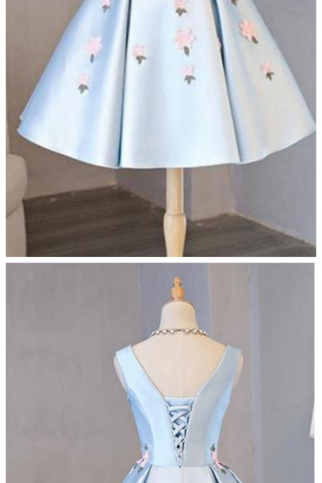 Light Blue Sleeveless Satin Short Prom Dress With Appliques, Homecoming Dress
