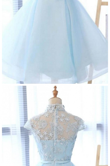 A Line High Neck Cap Sleeves Organza Homecoming Dresses