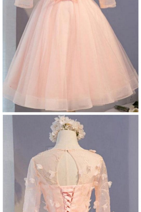 A Line Half Sleeves Knee Length Tulle Prom Dress With Flowers, Short Prom Dresses