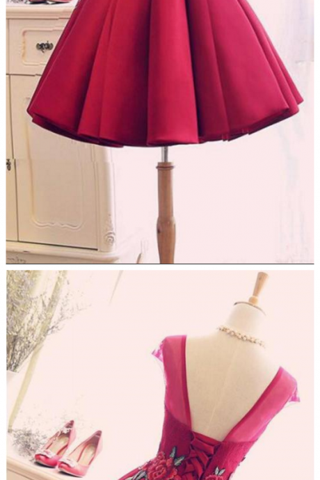 Burgundy Satin Ruched Homecoming Dress, A Line Short Prom Dress With Appliques