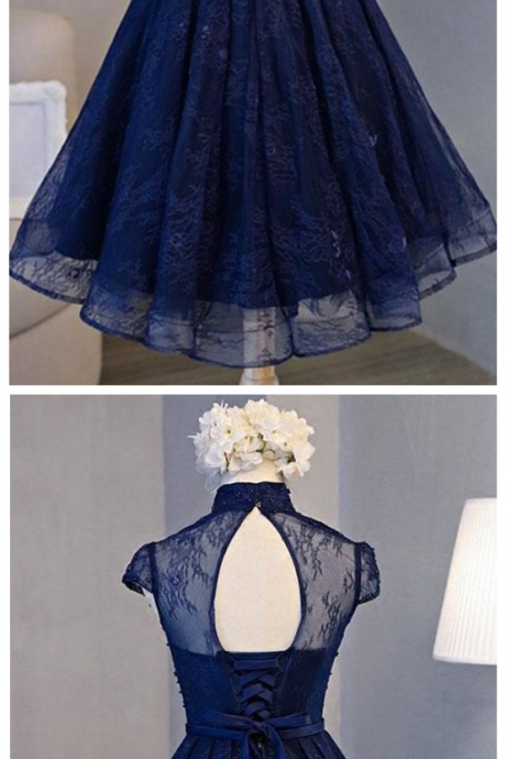 A Line Cap Sleeve Lace Homecoming Dress, High Neck Knee Length Prom Dress