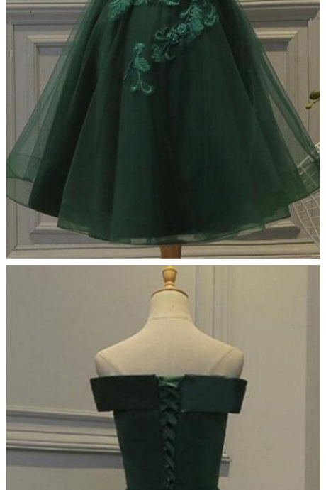 Dark Green Off The Shoulder Tulle Homecoming Dress, A Line Appliqued Short Prom Dress