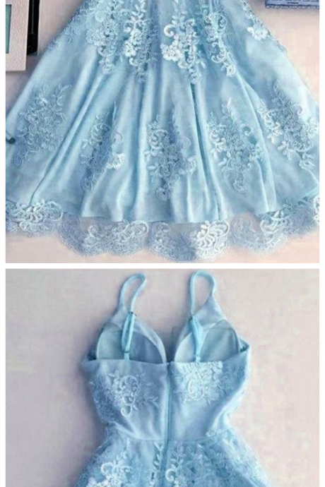 Light Blue Spaghetti Strap Lace Appliqued Short Homecoming Dresses, Sexy Mini Prom Dress
