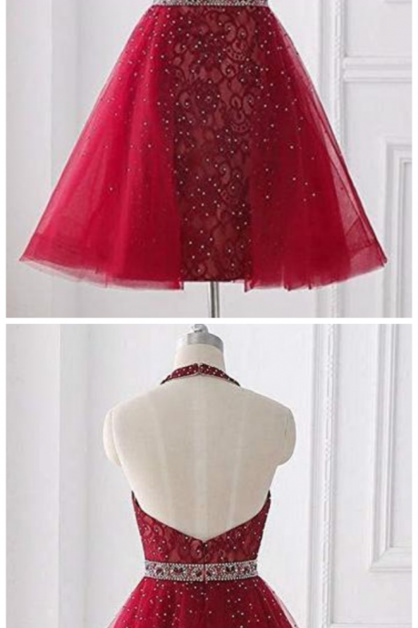 Red Halter Sleeveless Backless Lace A Line Homecoming Dresses
