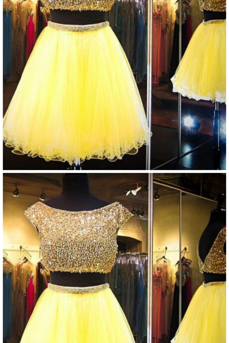 Yellow Two Piece Cap Sleeve Homecoming Dresses Beaded Cocktail Dresses