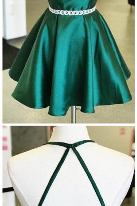 Emerald Green Sleeveless Backless A Line Satin Short Homecoming Dresses