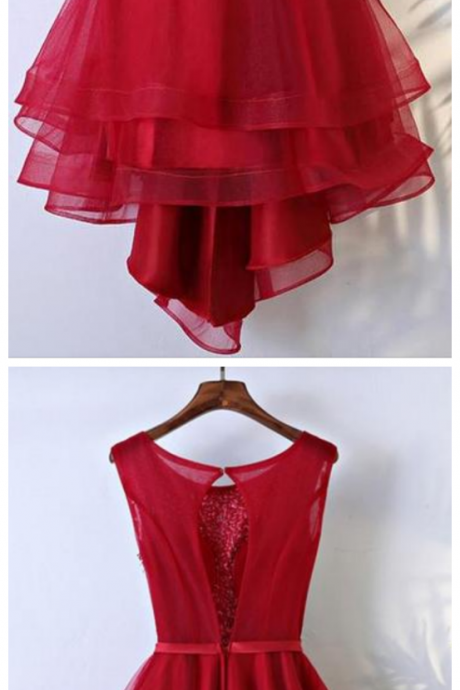 Red Scoop Neck Sleeveless High Low Homecoming Dresses With Sequins