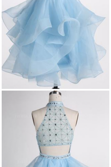 Blue Halter Sleeveless Beaded Homecoming Dresses,short Cocktail Dress