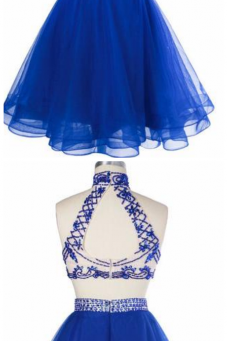 Royal Blue Halter Sleeveless Homecoming Dresses,beaded Cocktail Dress