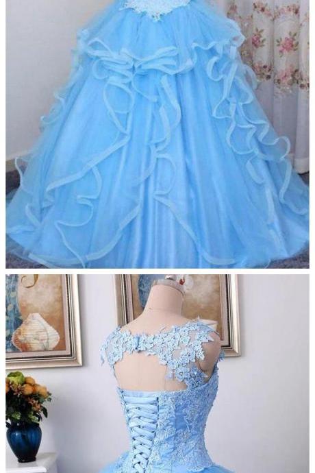 Blue V Neck Sleeveless Lace Appliques Prom Dresses A Line Sweet 16 Dresses