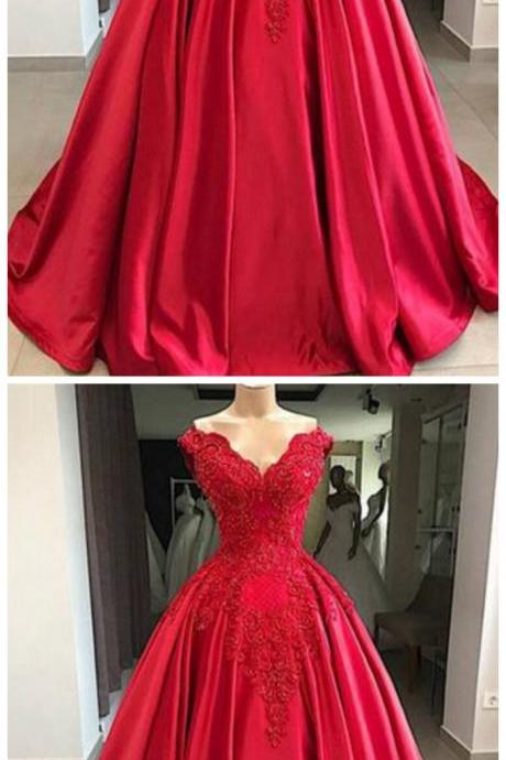 Red V Neck Off Shoulder Lace Beaded Prom Dresses Long Evening Dresses