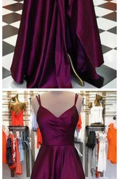 Purple Spaghetti Straps Sleeveless Long Prom Dresses Split Evening Dresses