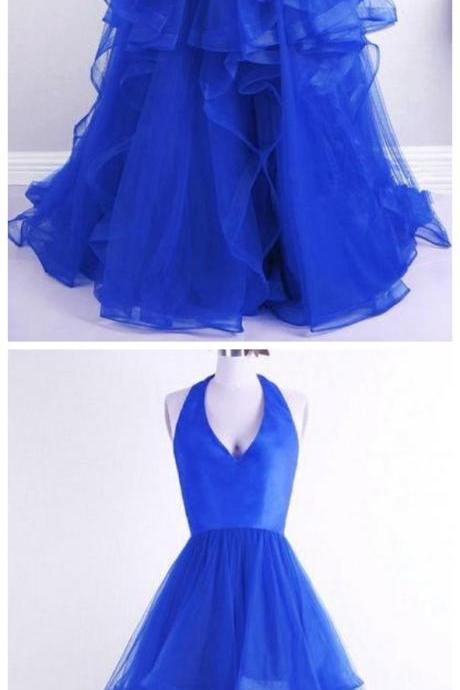 Royal Blue V Neck Sleeveless Prom Dresses Tiered Tulle Evening Dresses