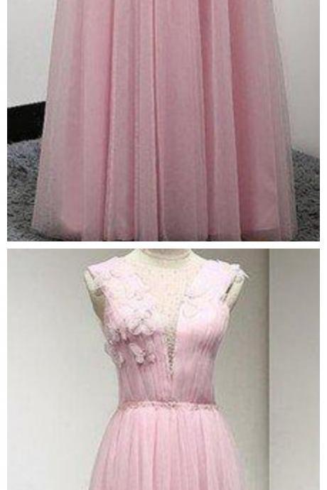 Neck Sleeveless See Through Back Prom Dresses With Beading