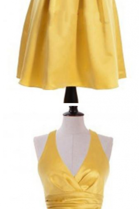 Yellow Halter Cross Back Short Homecoming Dresses A Line Prom Dresses