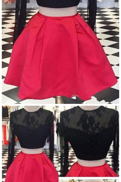 Two Pieces Long Sleeve Open Back Homecoming Dresses Cocktail Dresses