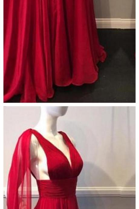Red Prom Dresses A-line Sweep/brush Train V-neck Beautiful Prom Dress Long Evening Dress