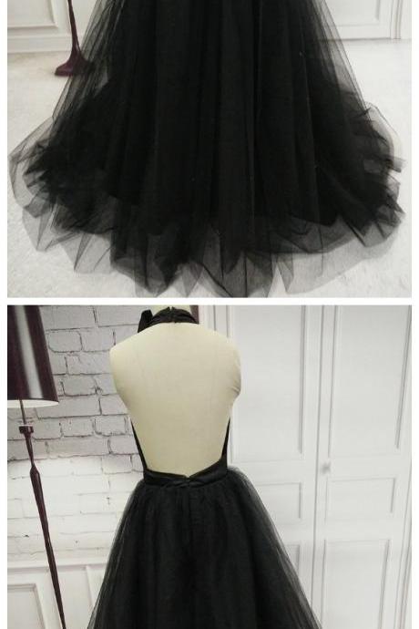 Black Prom Dresses Halter Backless Bowknot Tulle Sexy Prom Dress