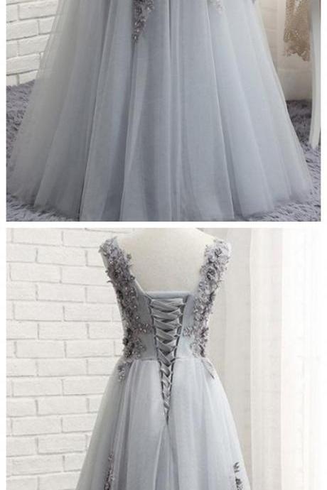 Tulle Jewel Neckline Floor-length A-line Prom Dresses With Lace Appliques
