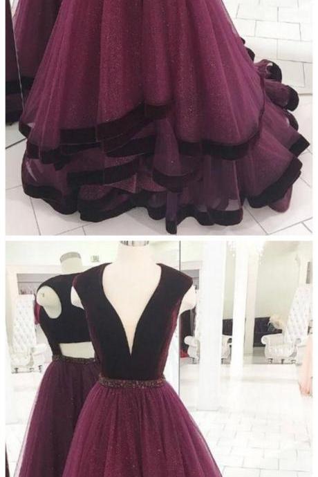 Long Prom Dress V Neck Tulle Formal Evening Gown