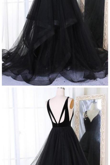 Star Sequins Tulle Black Prom Dress, A-line Tiered Formal Evening Gown
