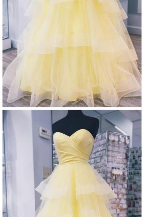Yellow Sweetheart Tulle Long Prom Dress With Layered Dance Gown