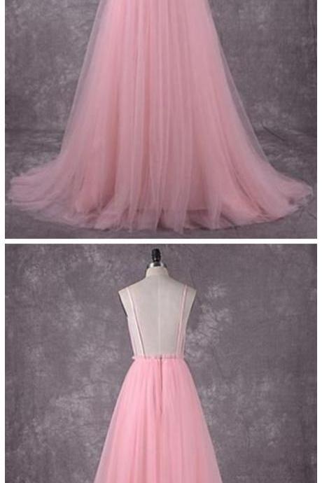 Pink Tulle V Neck Backless Long Spaghetti Evening Dress, Prom Dress