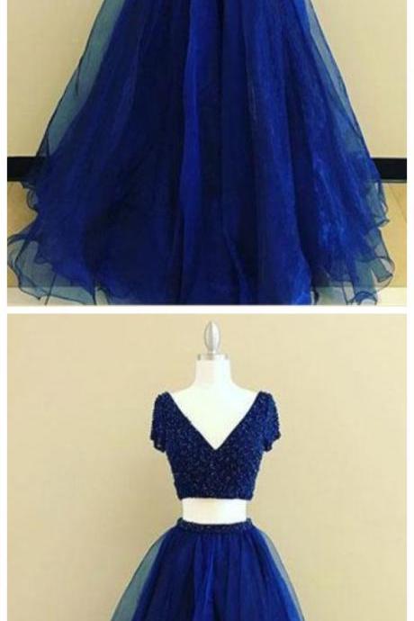Two-piece Navy Blue Long Prom/evening Dress