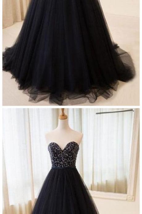 Elegant A-line Sweetheart Black Tulle Long Prom/evening Dress