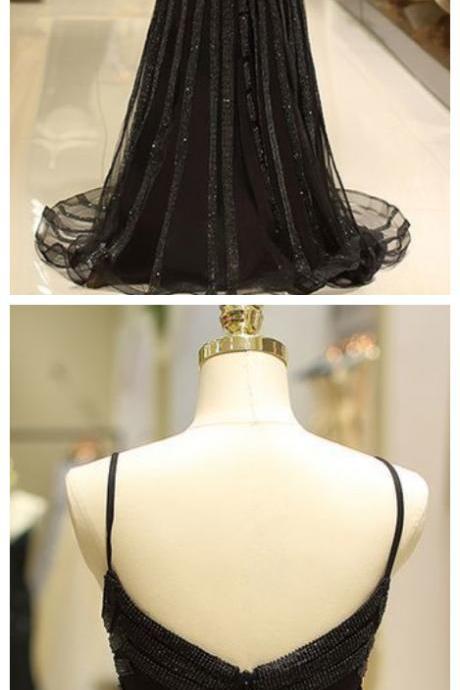 Spaghetti Straps Black Beading Mermaid Style Evening Dress