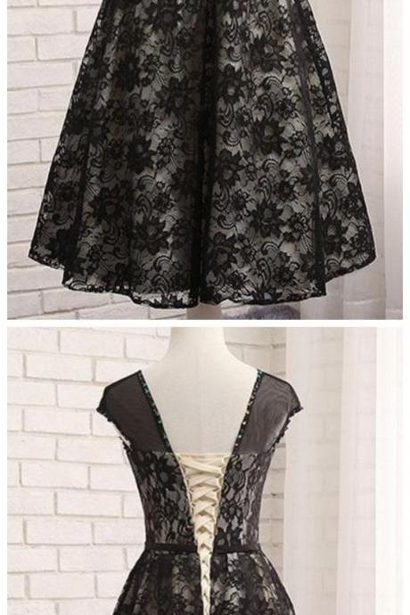 Black Lace Tea Length Prom Dress, Black Evening Dress