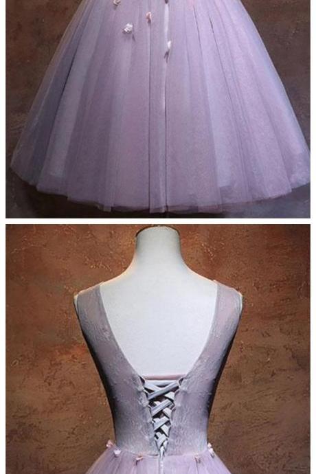 V Neck Tulle Short Prom Dress, Pink Homecoming Dress