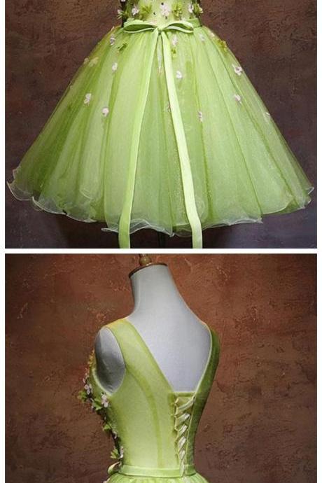 V Neck Tulle Short Prom Dress, Green Homecoming Dress