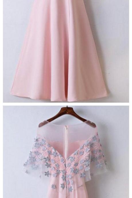 Pink Round Neck Short Sleeve Satin Lace Applique Long Prom Dress