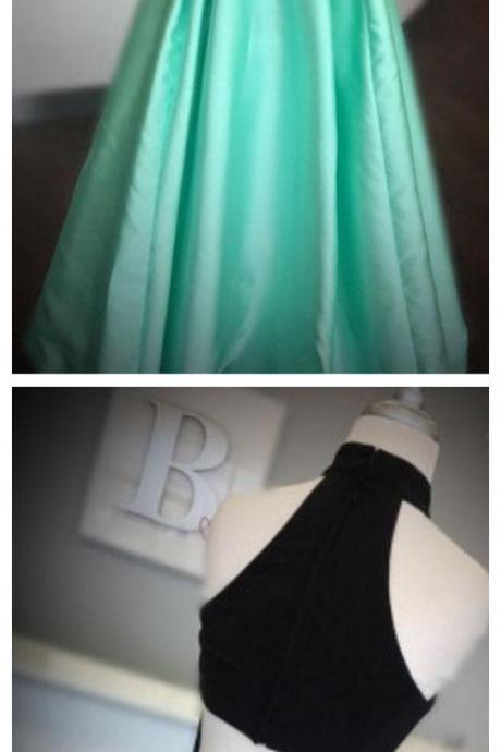 Neck Two Piece Black And Mint Green Beads Long Prom Dress