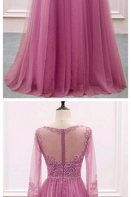 Tulle Satin Jewel Neckline Illusion Sleeves A-line Evening Dress